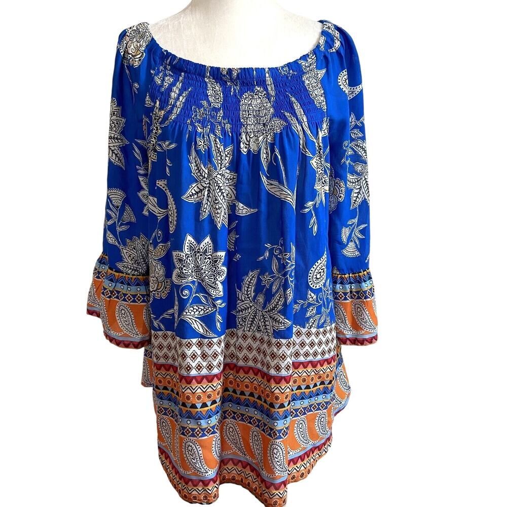 Beachlunchlounge Bell Sleeve Pullover Top Blue Orange Size Medium